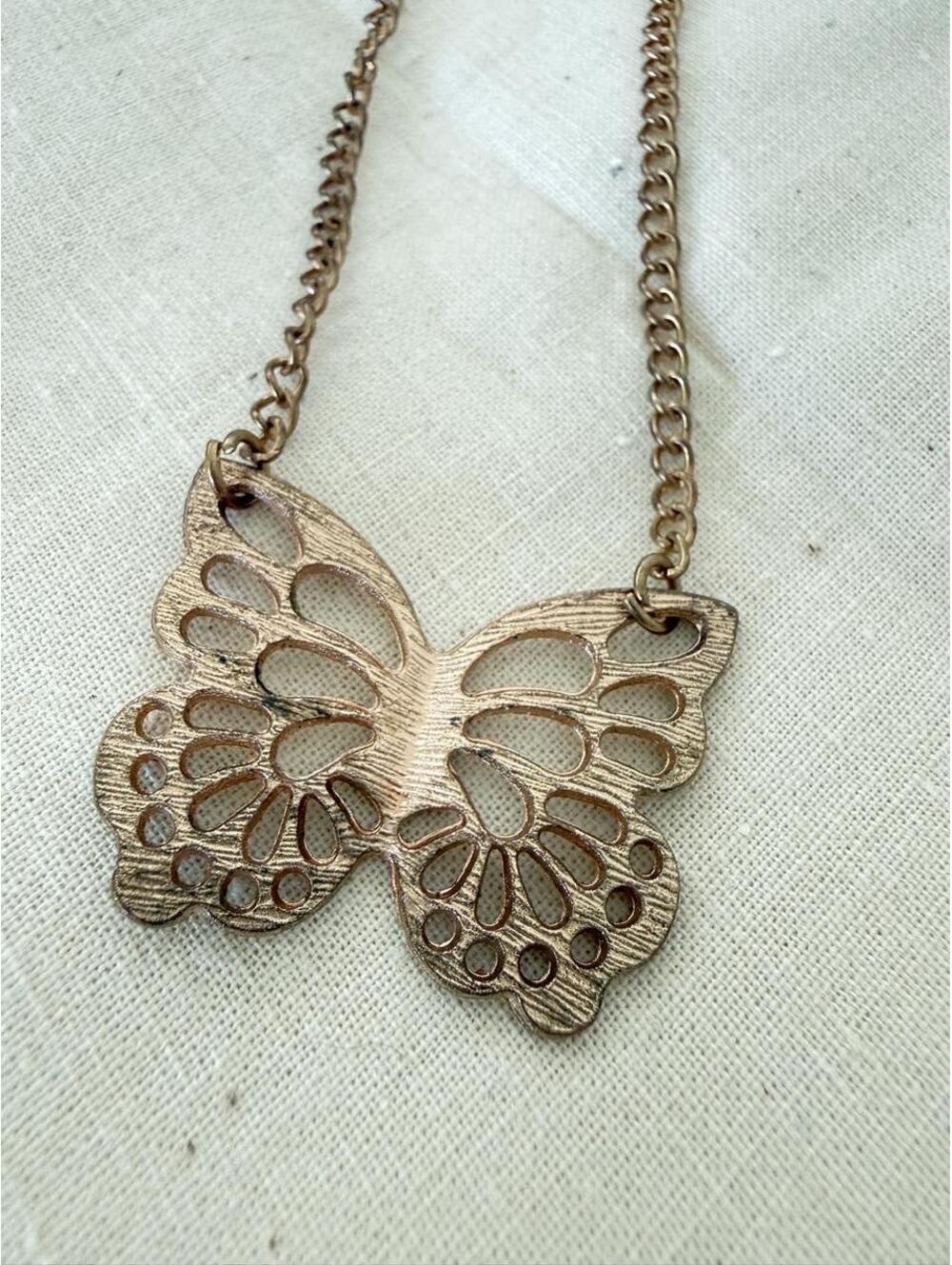 Antique Gold Butterfly Necklace Long Cutout Pendant Y2K Fairycore Jewelry